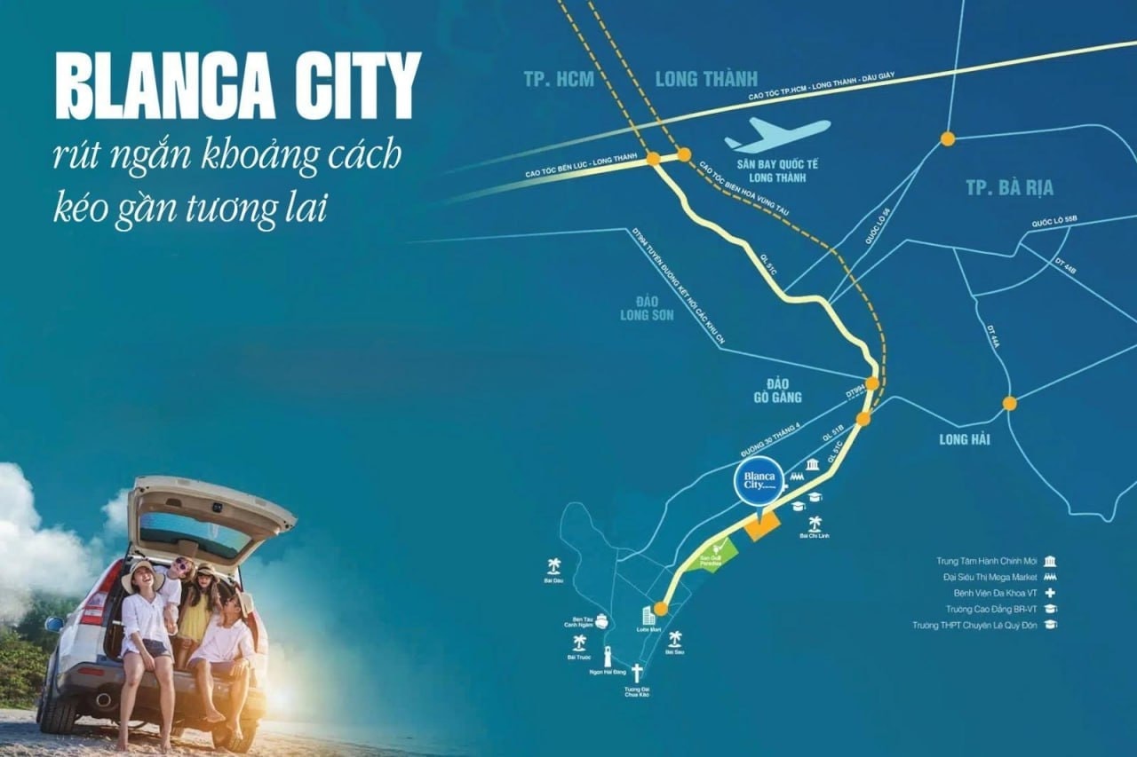 Sơ đồ kết nối hạ tầng Blanca City — cao tốc, sân bay Long Thành và các cầu kết nối TP. Hồ Chí Minh